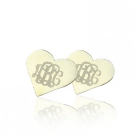 Heart Monogram Earrings Studs Cusotm 18ct White Gold Plated