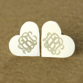 Heart Monogram Earrings Studs Cusotm 18ct White Gold Plated