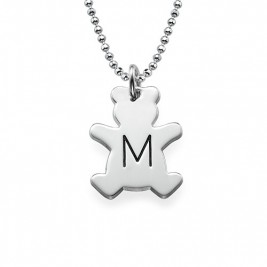 Teddy Bear Necklace with Initial in Silver	