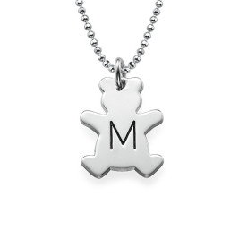 Teddy Bear Necklace with Initial in Silver	