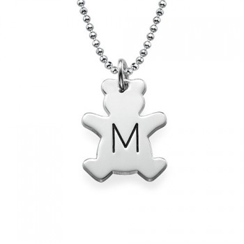 Teddy Bear Necklace with Initial in Silver	