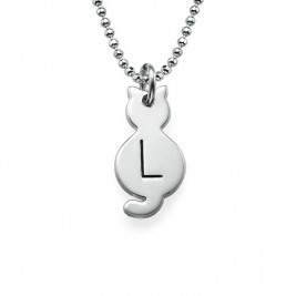 Tiny Cat Necklace with Initial in Sterling Silver	
