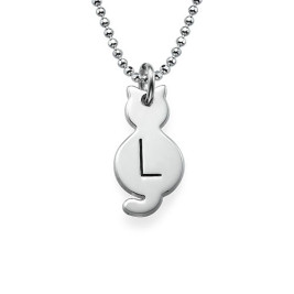 Tiny Cat Necklace with Initial in Sterling Silver	