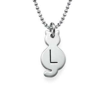Tiny Cat Necklace with Initial in Sterling Silver	