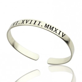 Personalised Roman Numeral Date Cuff Bracelet Sterling Silver