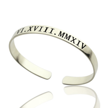 Personalised Roman Numeral Date Cuff Bracelet Sterling Silver