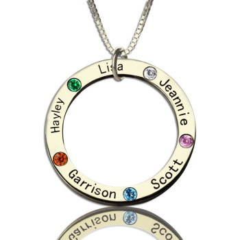 Mothers Family Circle Name Necklace Engraved Birthstone Silver