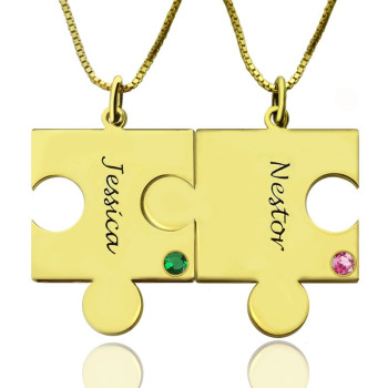 Matching Puzzle Necklace for Couple With Name  Birthstone 18ct Gold Plate