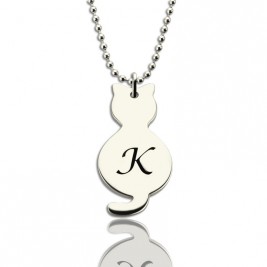 Personalised Tiny Cat Initial Pendant Necklace Silver