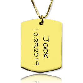 ID Dog Tag Bar Pendant with Name and Birth Date Gold Plated Silver