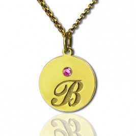 Engraved Initial  Birthstone Disc Charm Necklace 18ct Gold Plated