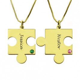 Matching Puzzle Necklace for Couple With Name  Birthstone 18ct Gold Plate