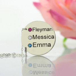 Disc Necklace With Names  Birthstones Silver