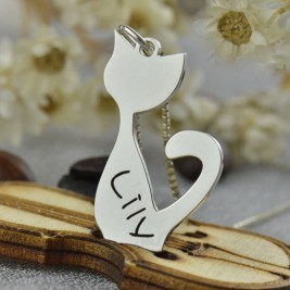Personalised Cat Name Charm Necklace in Silver