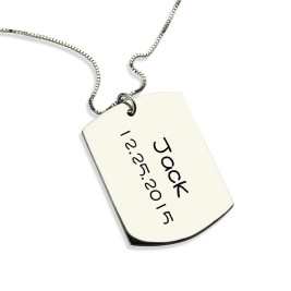 Personalised ID Dog Tag Bar Pendant with Name and Birth Date Silver