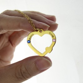 18ct Gold Open Heart Necklace with Double Name  Birthstone