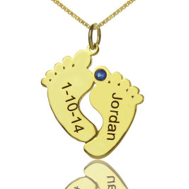 Birthstone Memory Baby Feet Charms with Date  Name 18ct Gold Plated