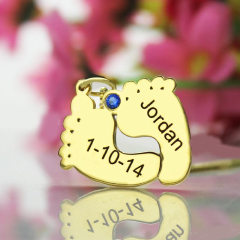 Birthstone Memory Baby Feet Charms with Date  Name 18ct Gold Plated