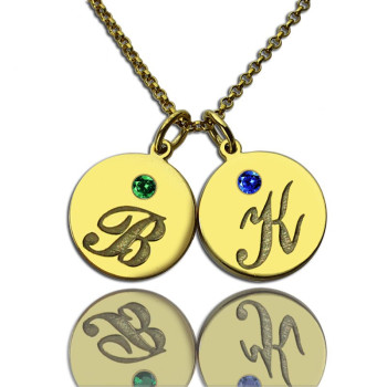 Engraved Initial  Birthstone Disc Charm Necklace 18ct Gold Plated