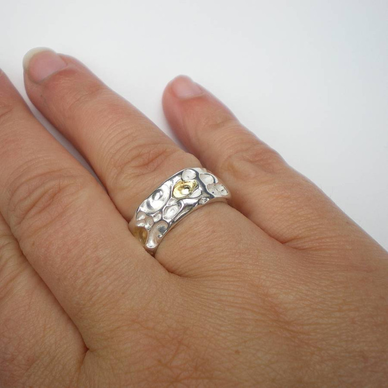 Coral Silver and Gold Ring detail