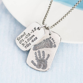 Dog Tag With Baby Prints And Birth Info Necklace - Two Pendants