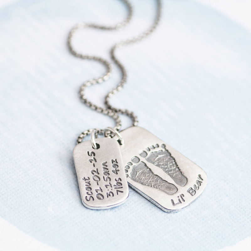Personalised Baby Print Dog Tag Necklace Personalised baby print and birth information dog tag necklace with two pendants