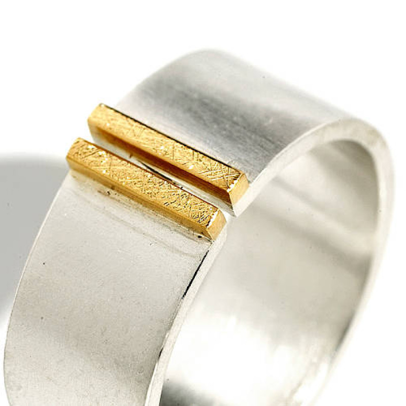 Silver and gold double bar wide band ring