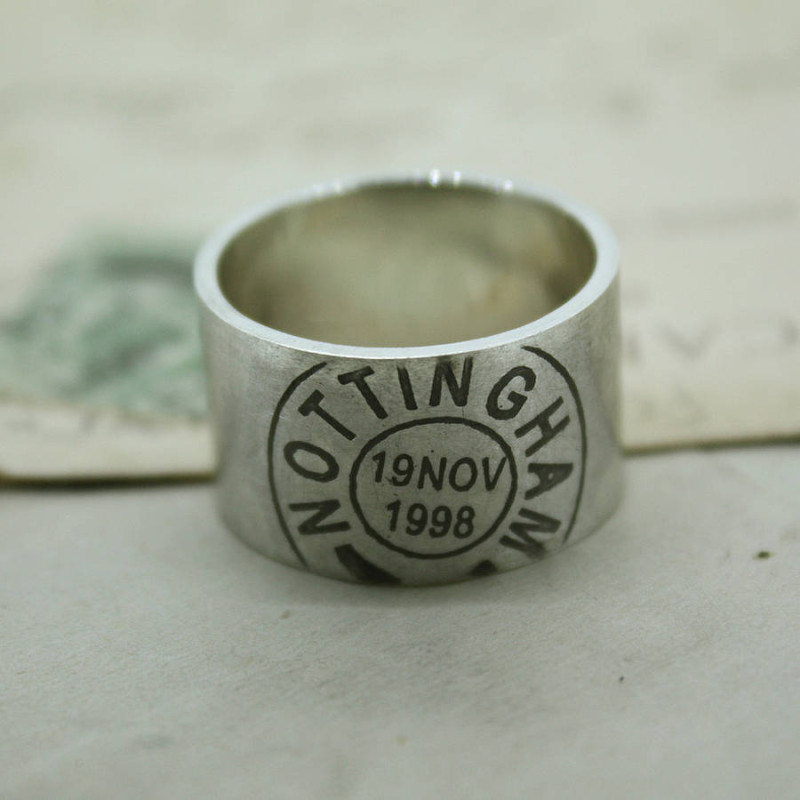 Men's personalised place and date ring