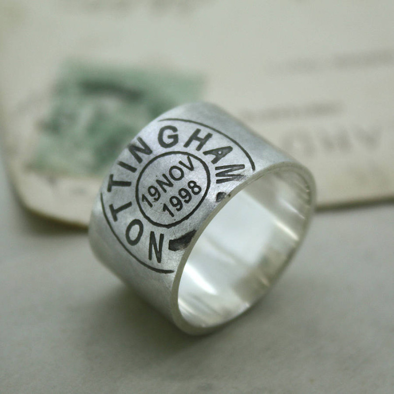 Men's personalised place and date ring
