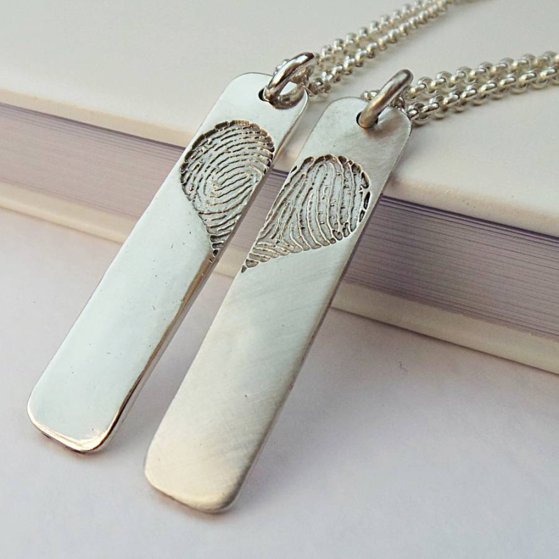 Pair of inked fingerprint heart pendant necklaces
