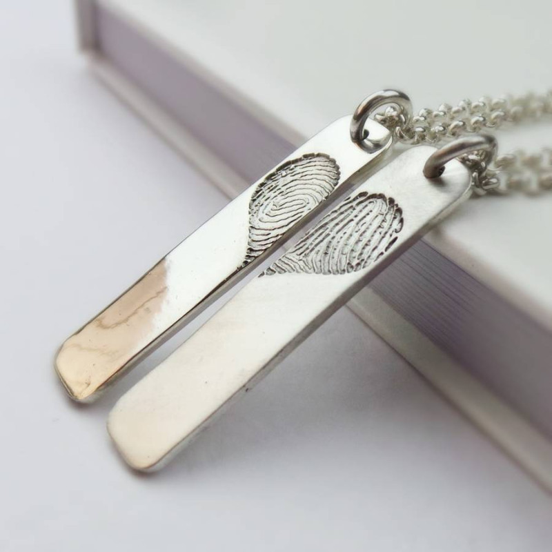 Pair of inked fingerprint heart pendant necklaces