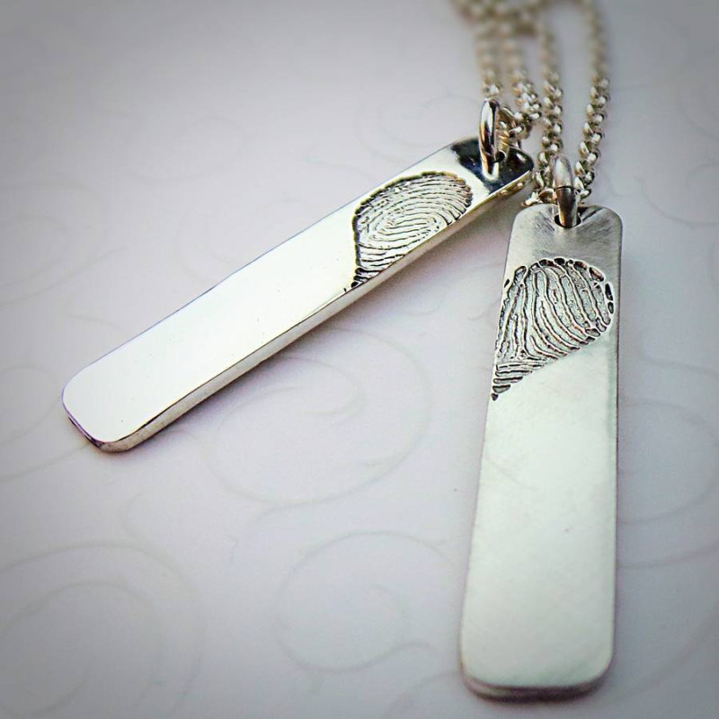 Pair of inked fingerprint heart pendant necklaces
