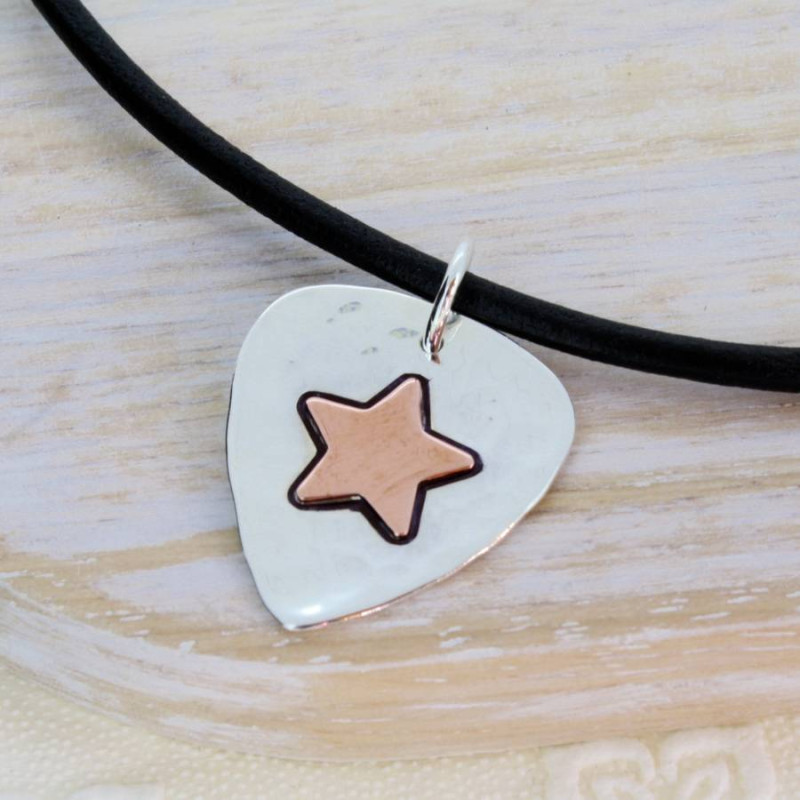 Personalised Silver and Copper Guitar Pick Pendant Personalised silver and copper guitar pick pendant