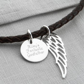 Personalised Silver Wing And Disc Leather Necklet