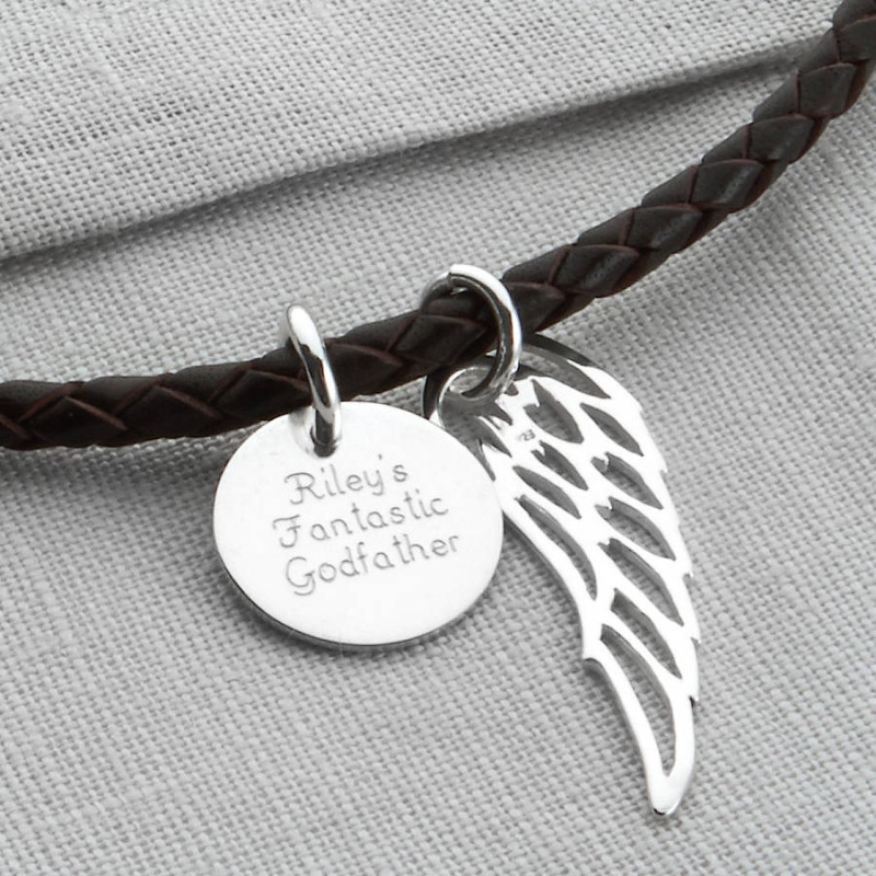 Personalised wing and disc leather necklet