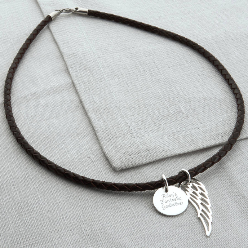 Personalised wing and disc leather necklet