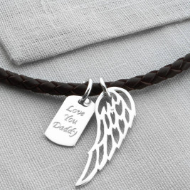 Personalised Silver Wing And Dogtag Leather Necklet