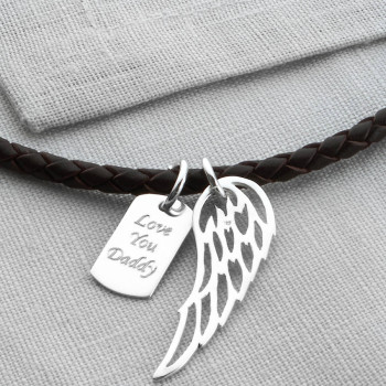 Personalised Silver Wing And Dogtag Leather Necklet