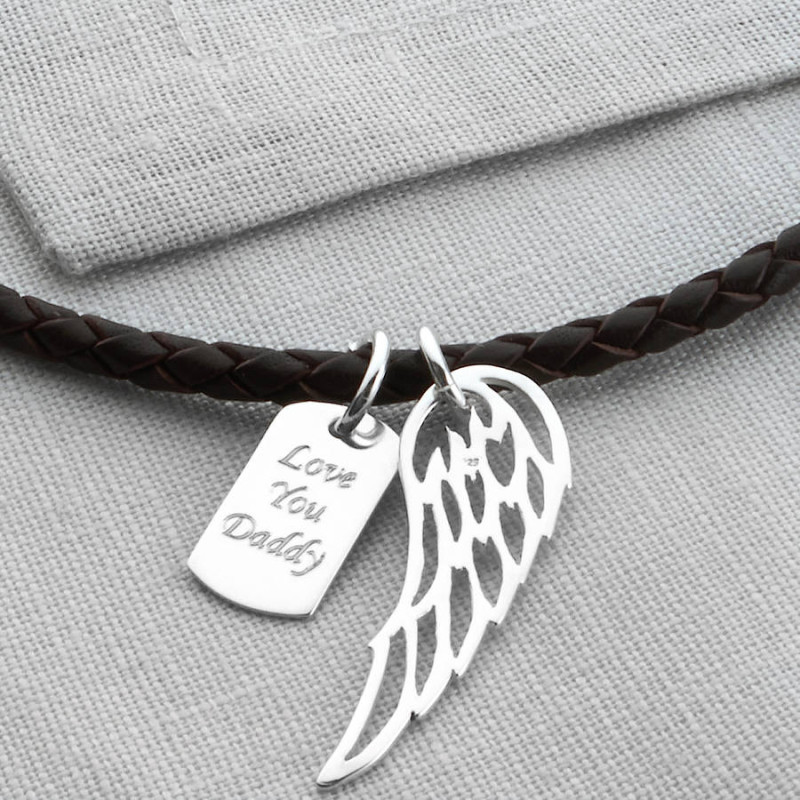 Personalised wing and dogtag leather necklet