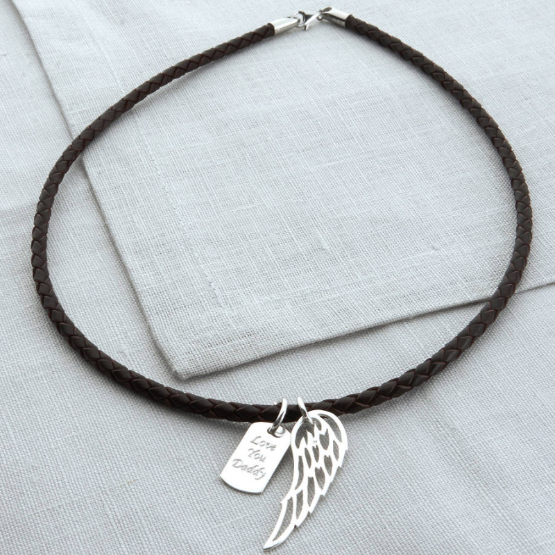 Personalised wing and dogtag leather necklet