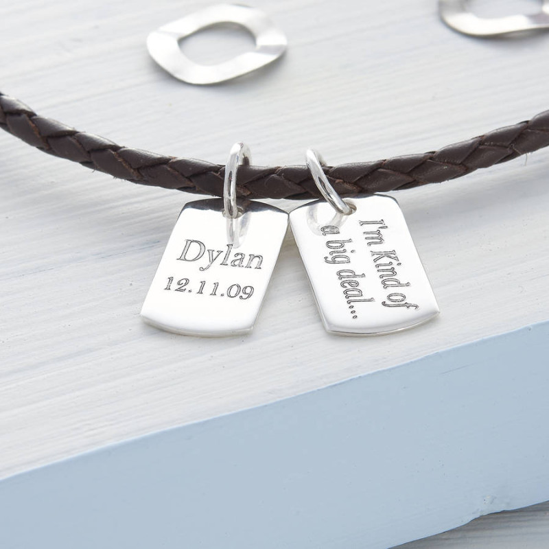 Personalised silver and leather double dog tag necklet