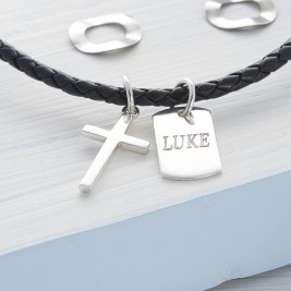 Personalised Silver Cross And Tag Leather Necklet