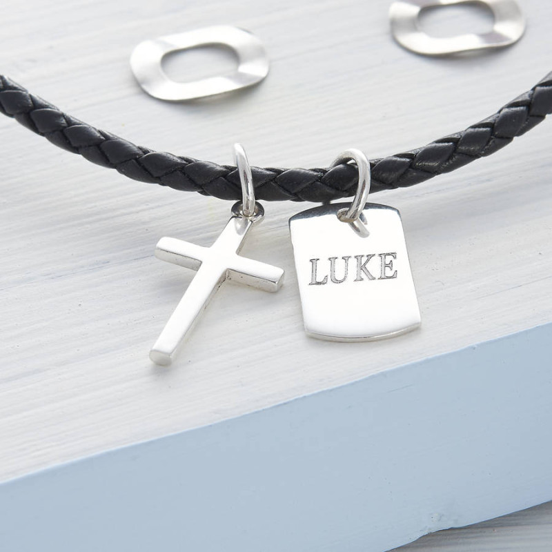 Personalised Cross and Tag Leather Necklet Personalised cross and tag leather necklet