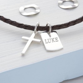 Personalised Silver Cross And Tag Leather Necklet
