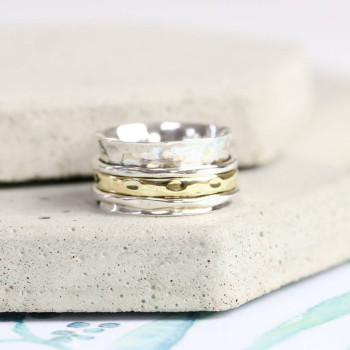 Sterling Silver And Gold Hammered Effect Spinning Ring