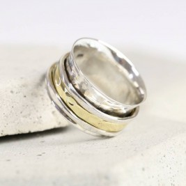 Sterling Silver And Gold Hammered Effect Spinning Ring