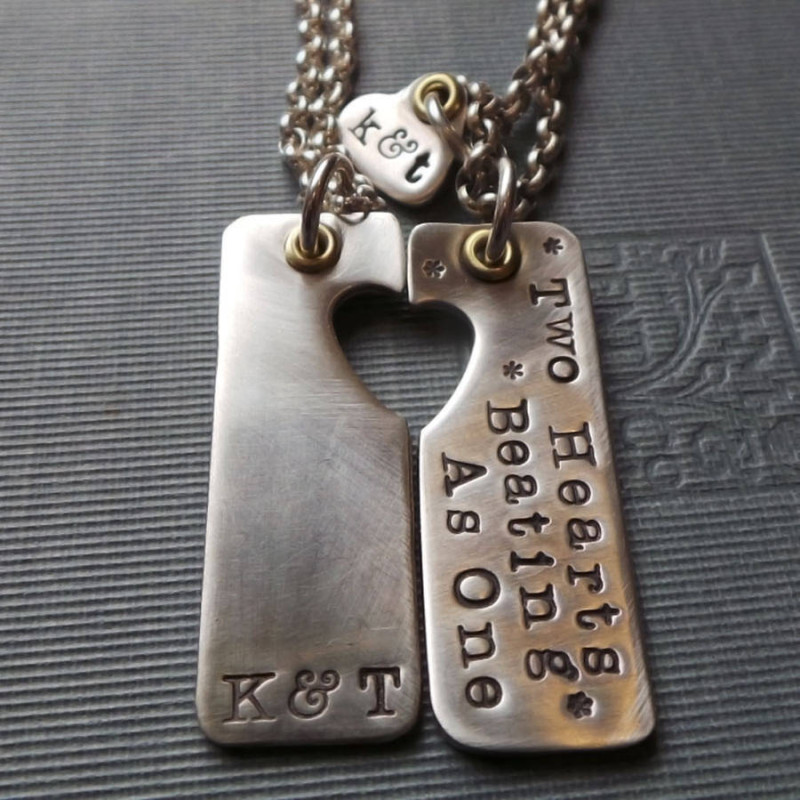 Two Hearts Beat As One Couples Necklaces Two Hearts Beat As One paired dog tag couples necklaces