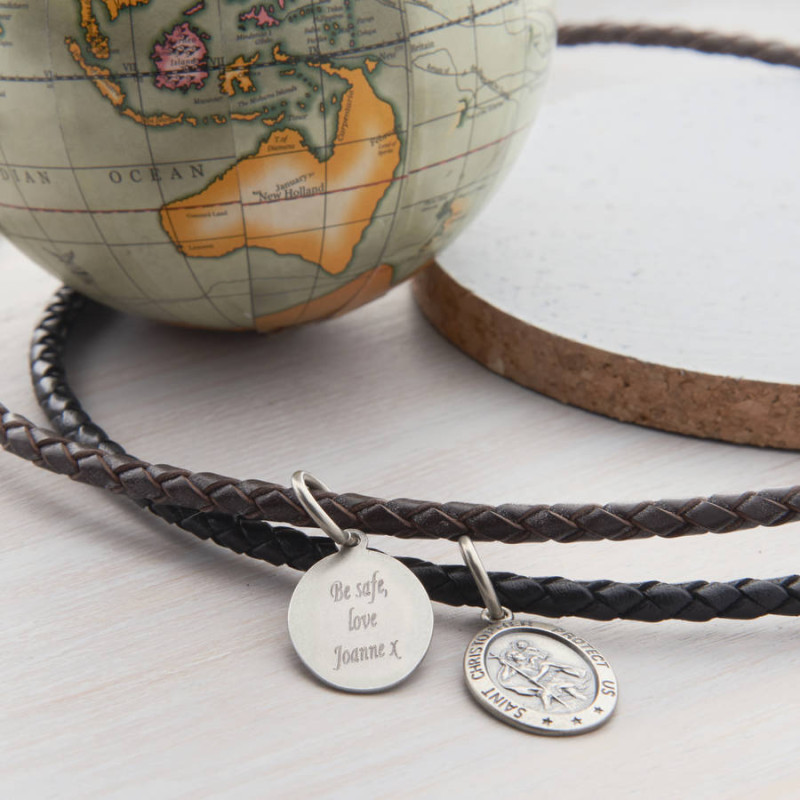 Men's Personalised Woven Leather St Christopher Necklet Men's woven leather St Christopher necklet
