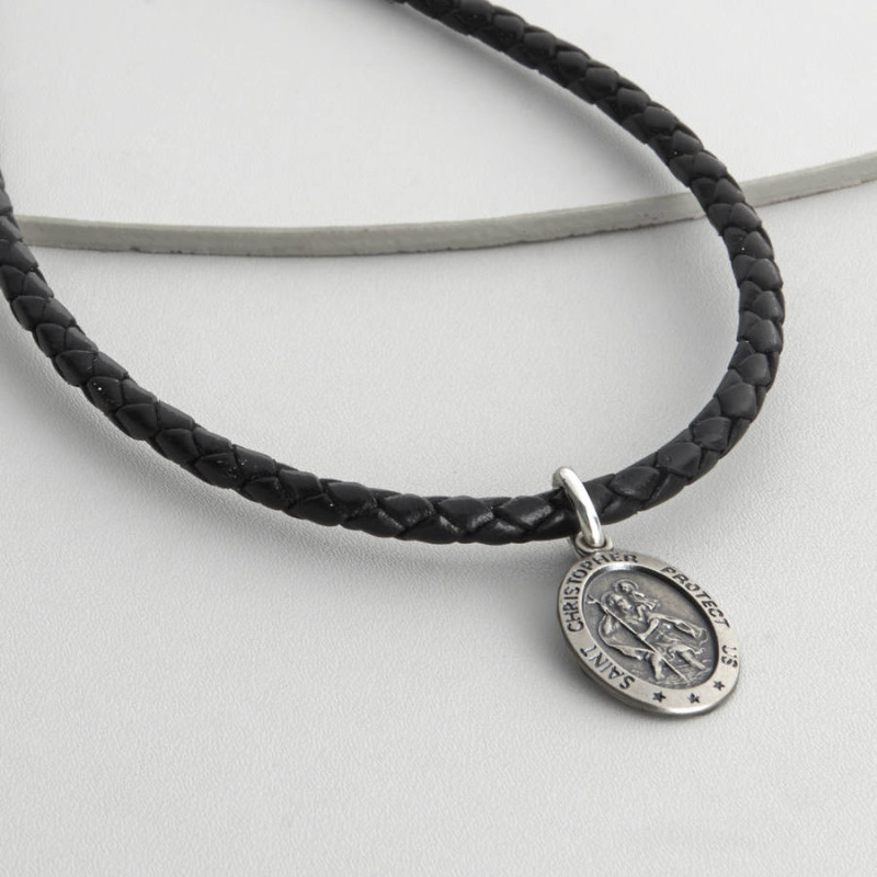 Men's Personalised Woven Leather St Christopher Necklet Woven leather and St Christopher necklet