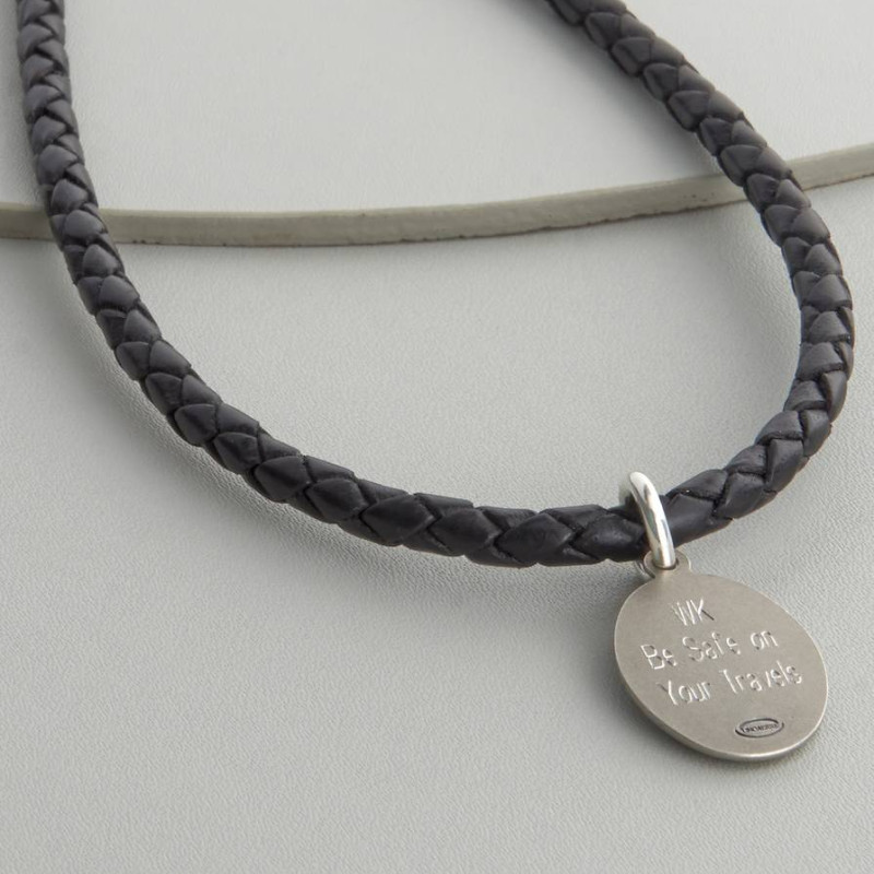 Men's Personalised Woven Leather St Christopher Necklet Detail Woven leather and St Christopher necklet detail